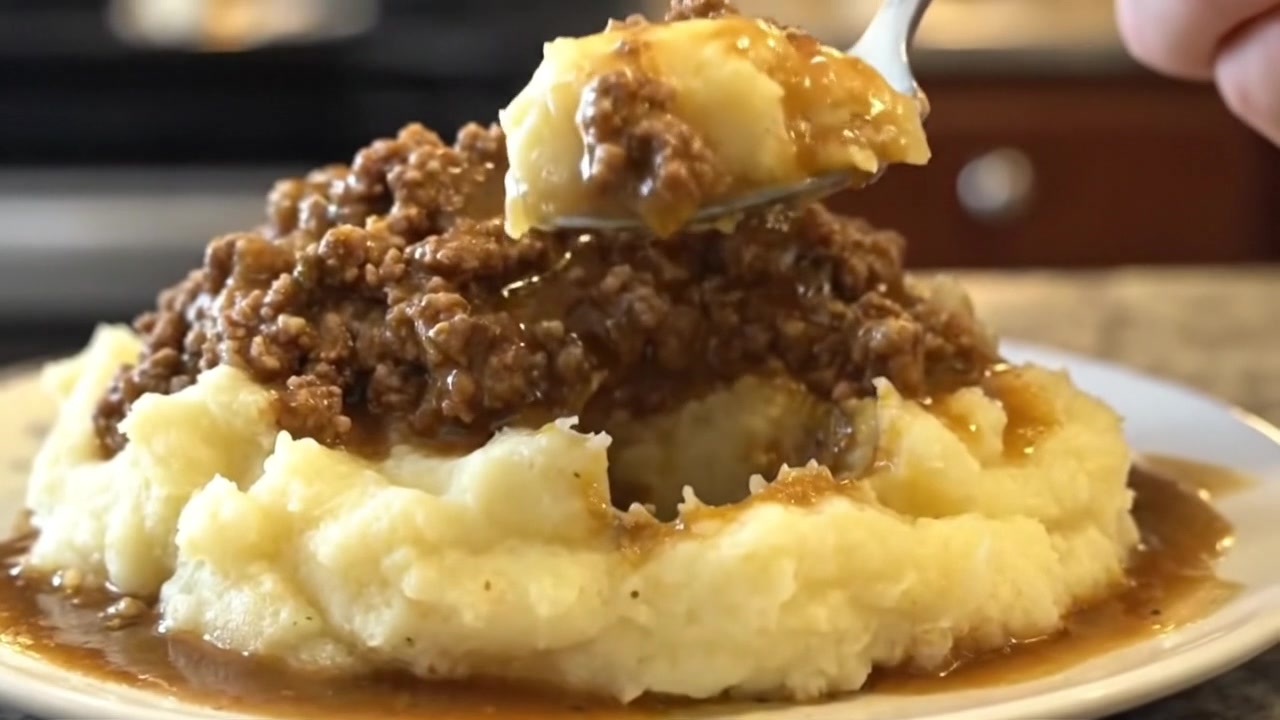 Mashed Potatoes with Savory Ground Beef Gravy “I’ve had this meal ...
