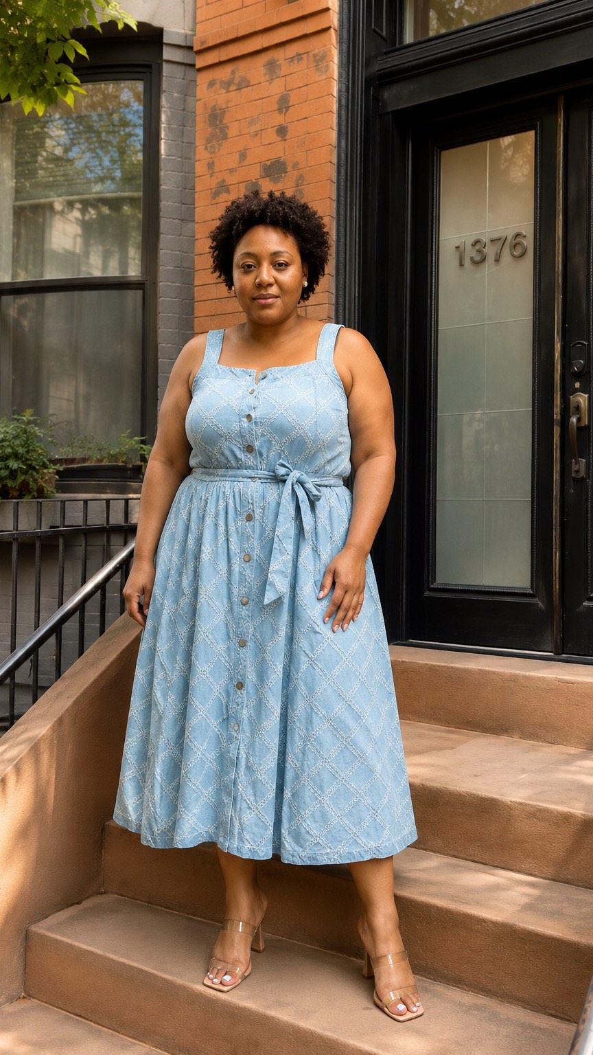 Denim, but she likes a little detail. 👖✨, The Perforated Denim Midaxi Dress gives classic denim a fresh update with checked texture and sash ties that define the waist. Add heels for dinner, boots for 