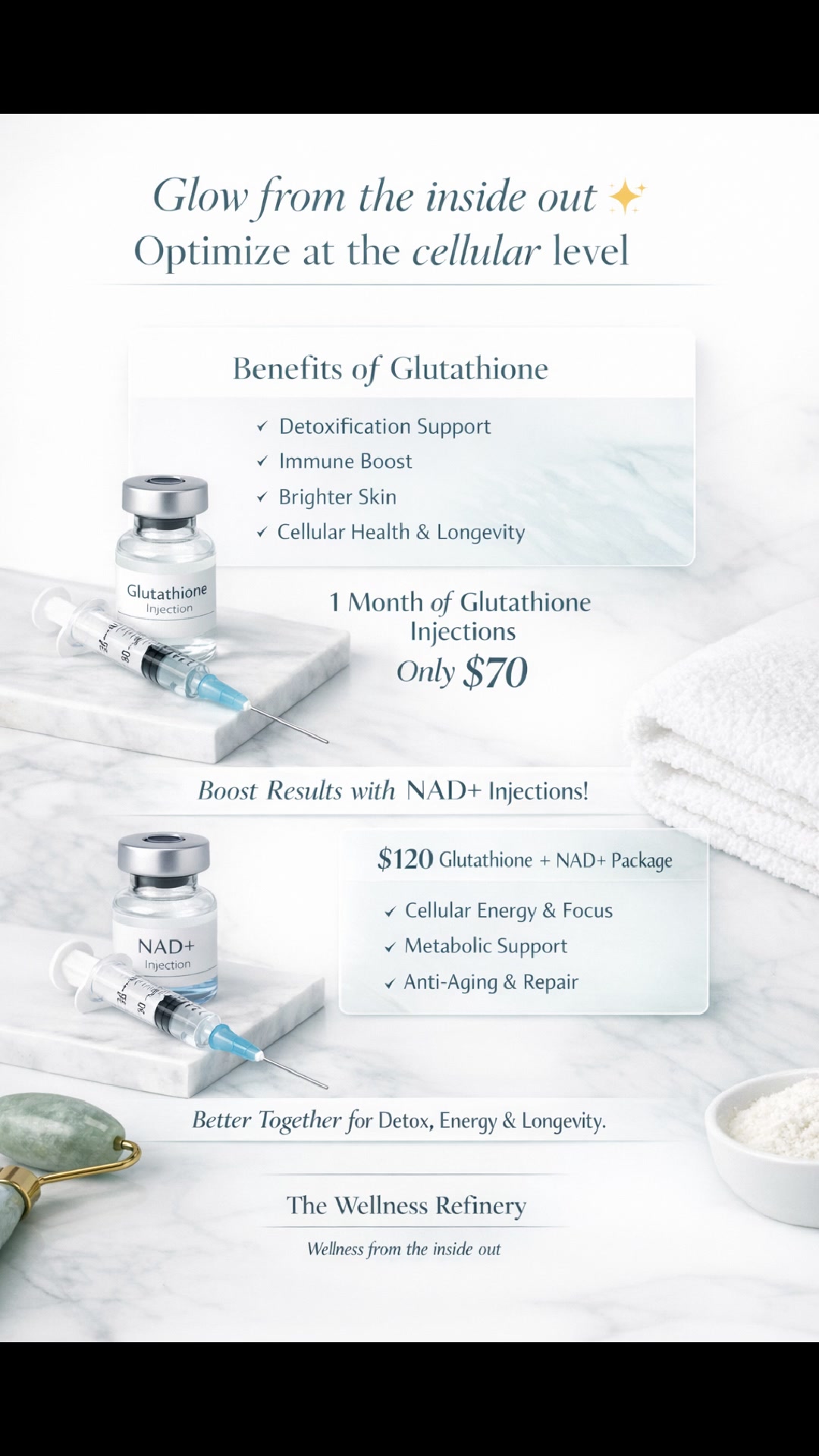 benefits of nad and glutathione This is your sign to support your cells ⚡, = detox + glow, NAD+ = energy + repair, ✨ Optimize from the inside out | The Wellness Refinery PLLC Even Skin Tone Pack Size:45 days pack Buy GHK-Cu Pack 50