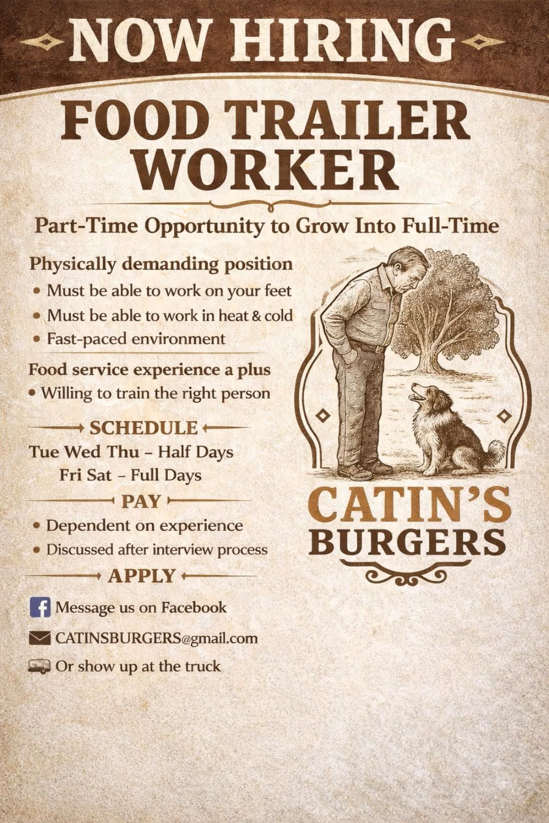 WE’RE HIRING – FOOD TRAILER WORKER Catin’s Burgers is looking for a ...