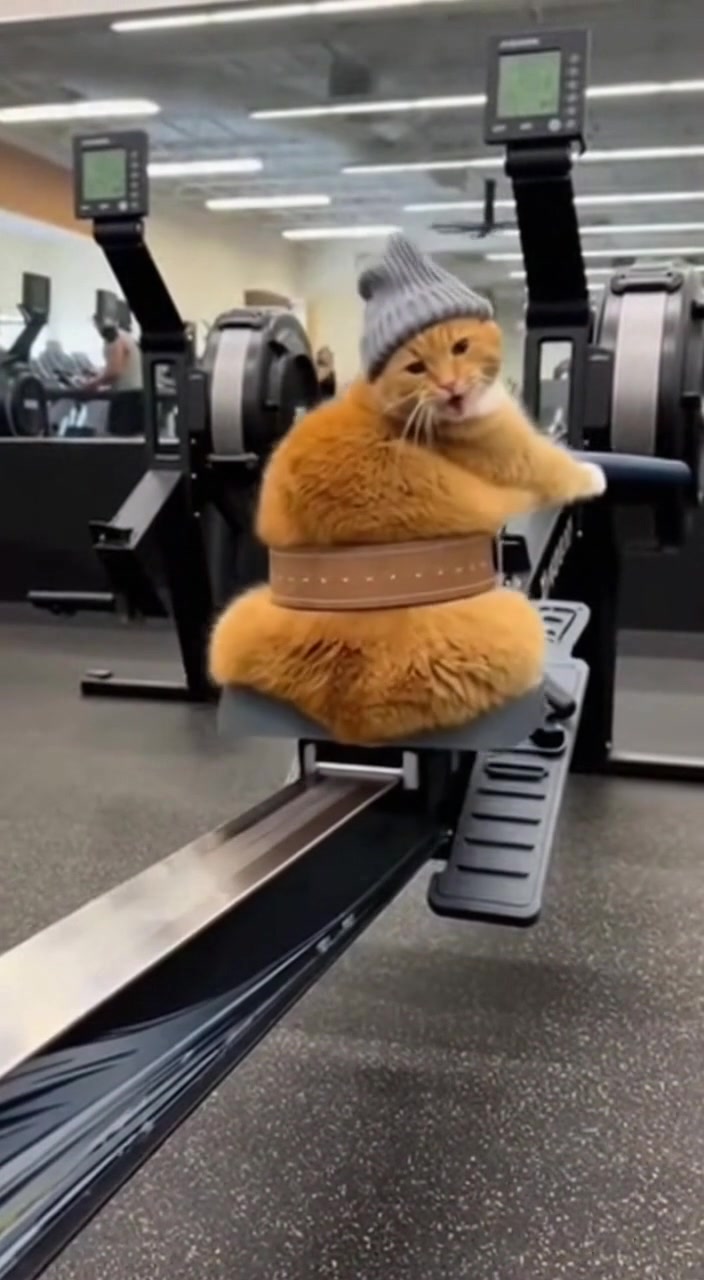 A chunky orange cat at the gym tackles a rowing machine set to minimum ...
