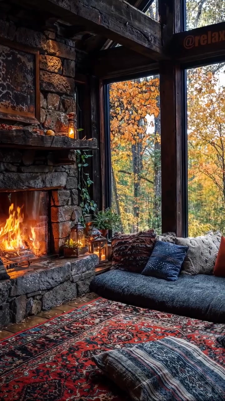 Autumn’s 🍂 symphony: crackling fire 🔥 , golden leaves, rain 🌧️ and cozy ...