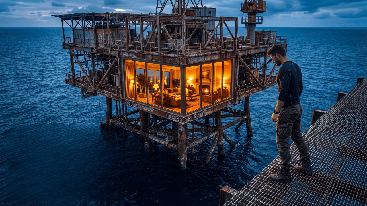 A man finds an abandoned oil rig in the open sea and turns it into a ...