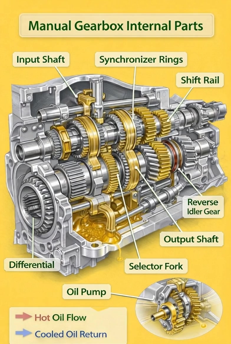 Inside a manual gearbox: gears, synchronizers, shafts, and oil flow ...