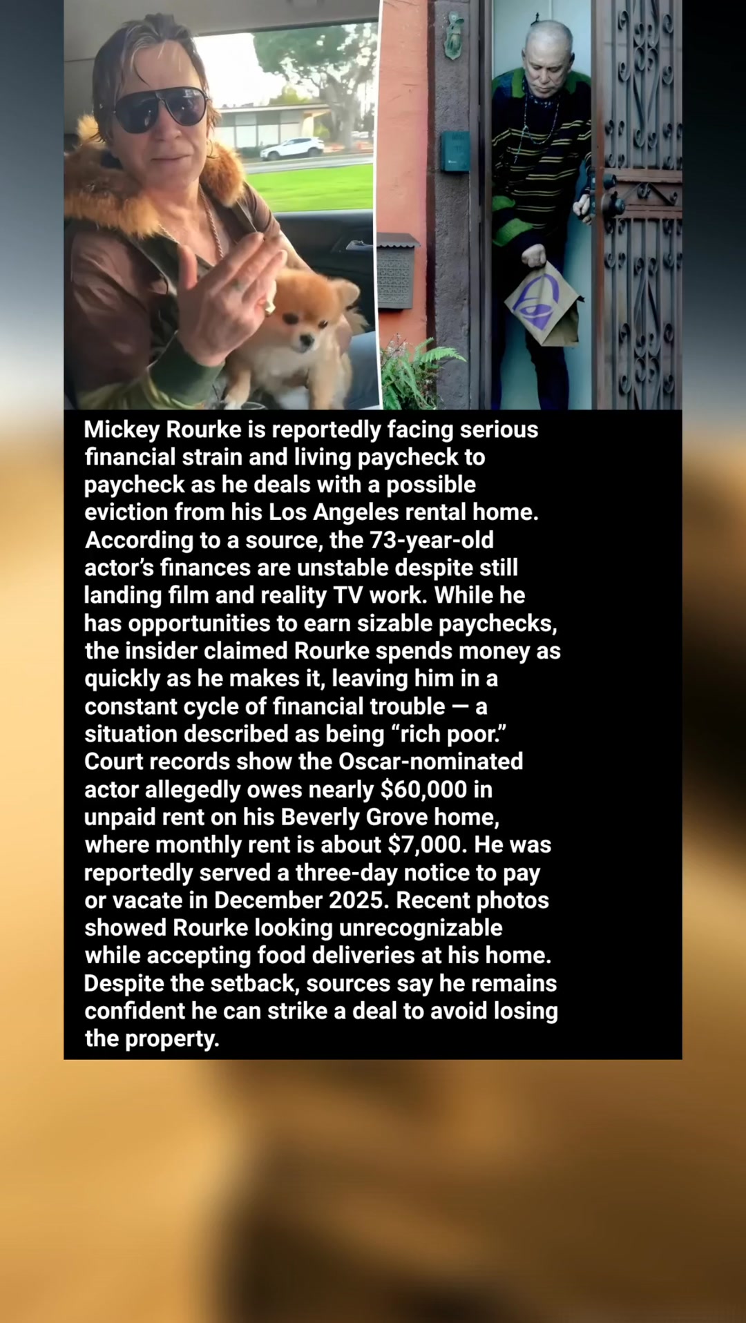 Mickey Rourke is reportedly living paycheck to paycheck as unpaid rent ...