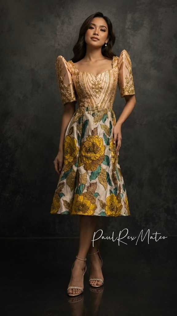 filipino cocktail dress A timeless Filipiniana featuring elegant butterfly sleeves, a delicately hand-beaded bodice, and a vibrant floral skirt. Crafted with refined craftsmanship, this chic design beautifully Gen Z Thinks They MINI-TAF30-SEP25 This item is made Size:6XXS