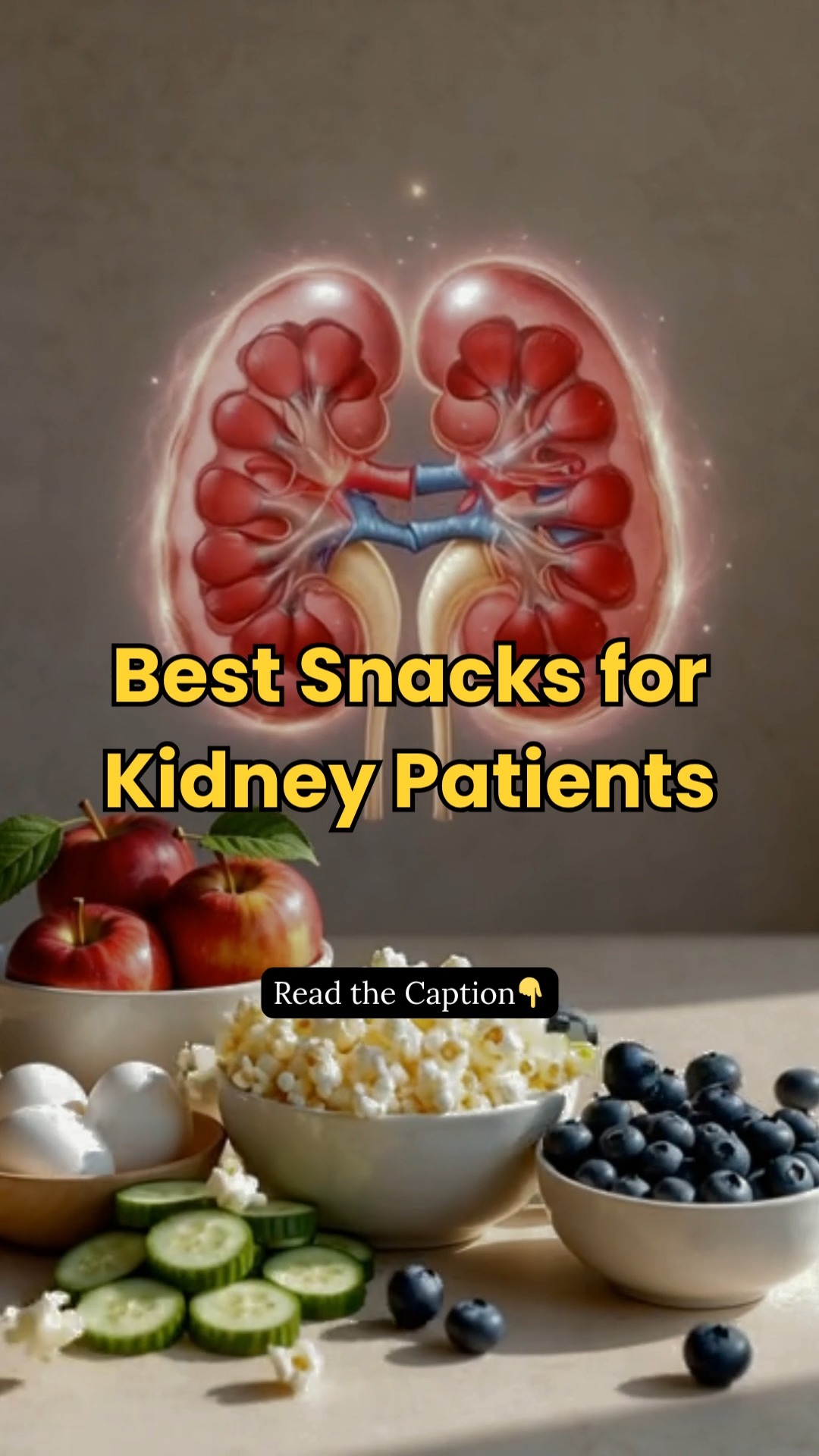 Kidney-safe snack list 💚 ️ Apples ️ Unsalted popcorn ️ Cucumber ️ Egg ...