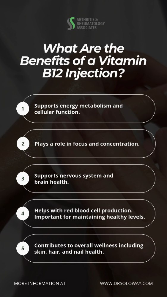 Vitamin B12 plays an important role in energy metabolism, nervous system function, and red blood cell production. For some individuals, Vitamin B12 injections may be used as part of overall wellness 
