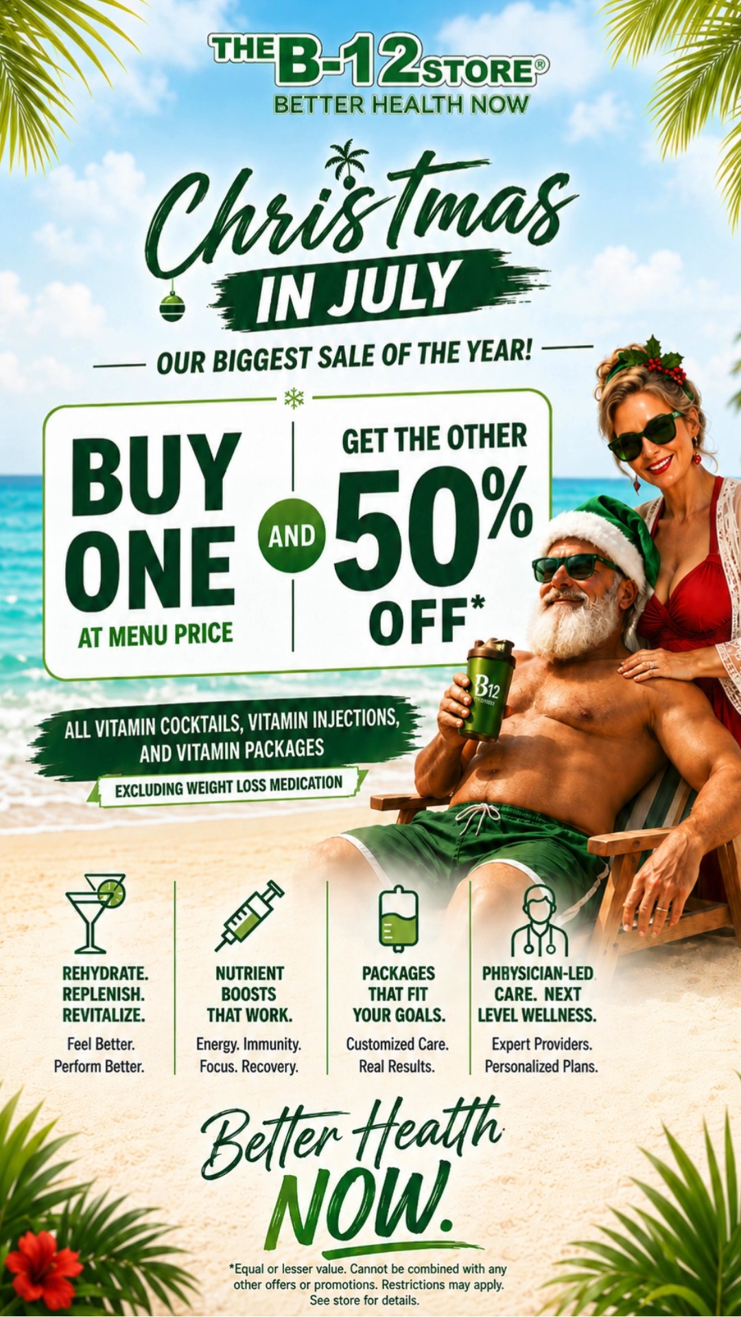 Last chance! Today is the final day to take advantage of The B-12 Store’s biggest sale of the year. Christmas in July ends at closing today and won’t be back until next year. Stop by or call us today 