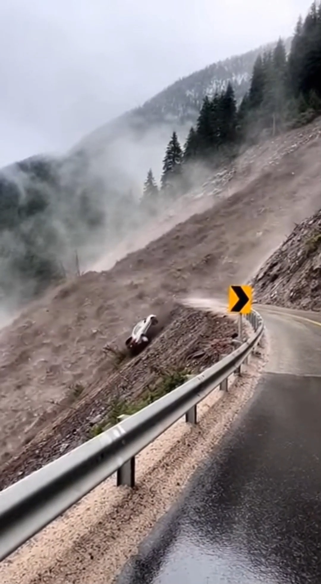 A peaceful mountain roadway turns into a nightmare when the steep slope ...