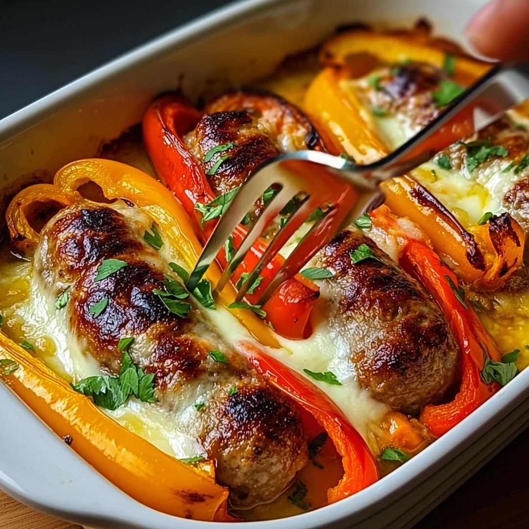 Cheesy Baked Sausages with Peppers Ingredients: 6 pork sausages ...
