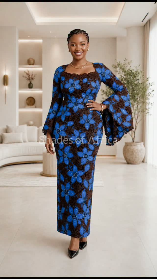 royal blue dress with bell sleeves Ankara Lace Maxi | Sleeve Elegance for Weddings & Owambe 2026, #AnkaraLace #AfricanFashion #LaceDressStyle #OwamboFashion #WeddingGuestLook | Shades of Africa Cloak yourself in the