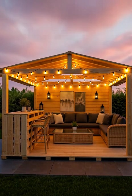 Pallet Garden Pergola with Seating and Bar #pallets #palette #garden # ...