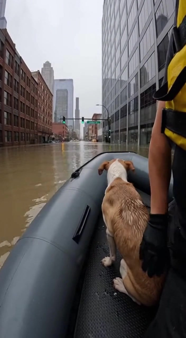 Dog Rescued from Floodwaters A brave rescuer saves a dog from a flooded ...