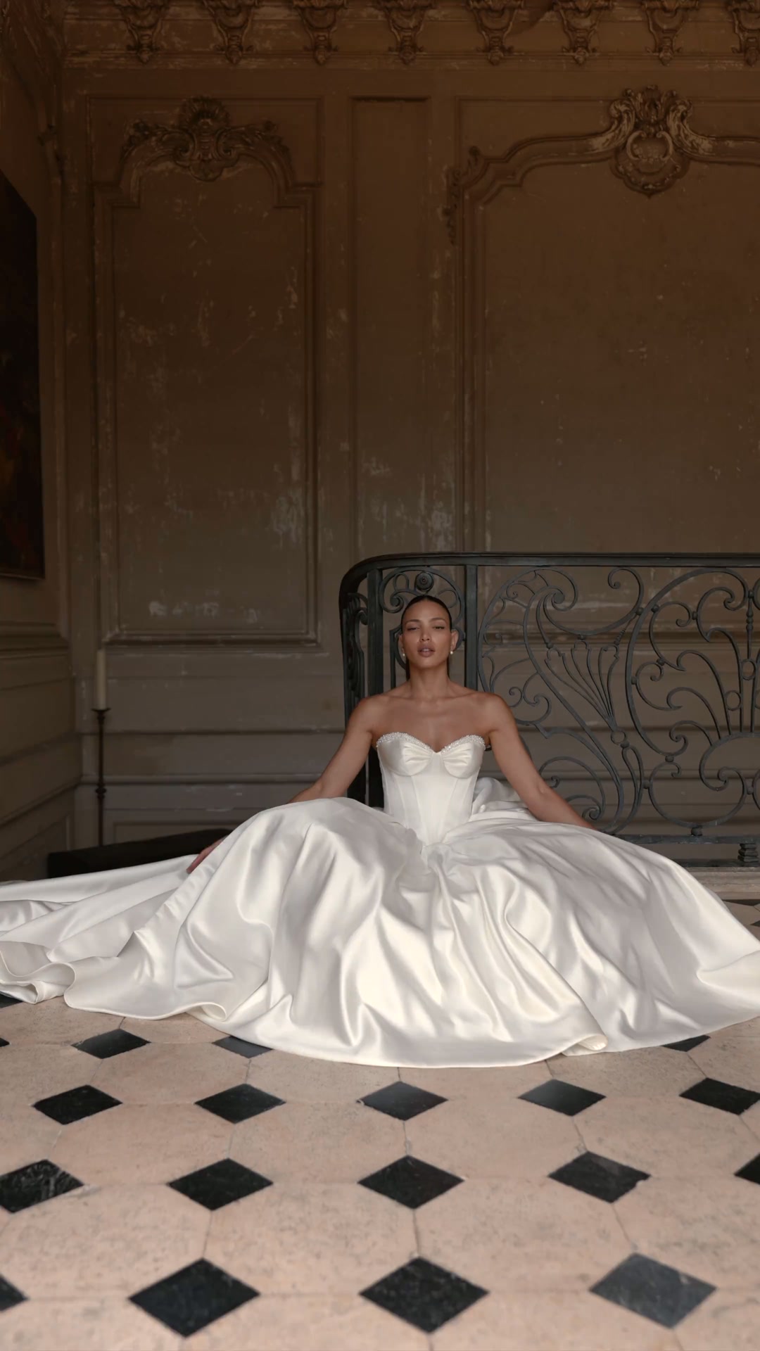 Meet EMPRESS — Designer Val Stefani’s vision of modern royalty. This glamorous beaded satin ball gown features a strapless sweetheart neckline, elegant Basque waist and dramatic hourglass silhouette., 