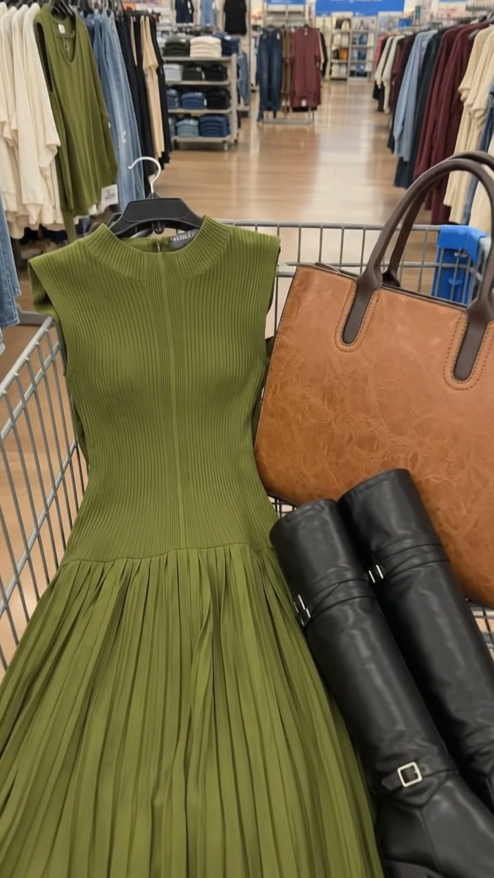 Walmart Fall Outfit: Olive Dress, Brown Tote & Black Boots Style