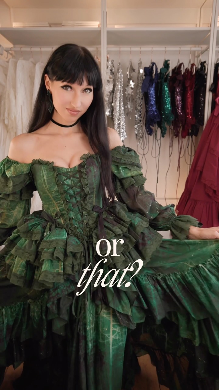 green spell dress THIS or THAT? 💚🧚, She’s having a bit of a moment… The Vesper Gown and Montespan Corset, The gown is on pre-order as of tonight for those who missed out the first time round 💚, #greendress Pleated dress