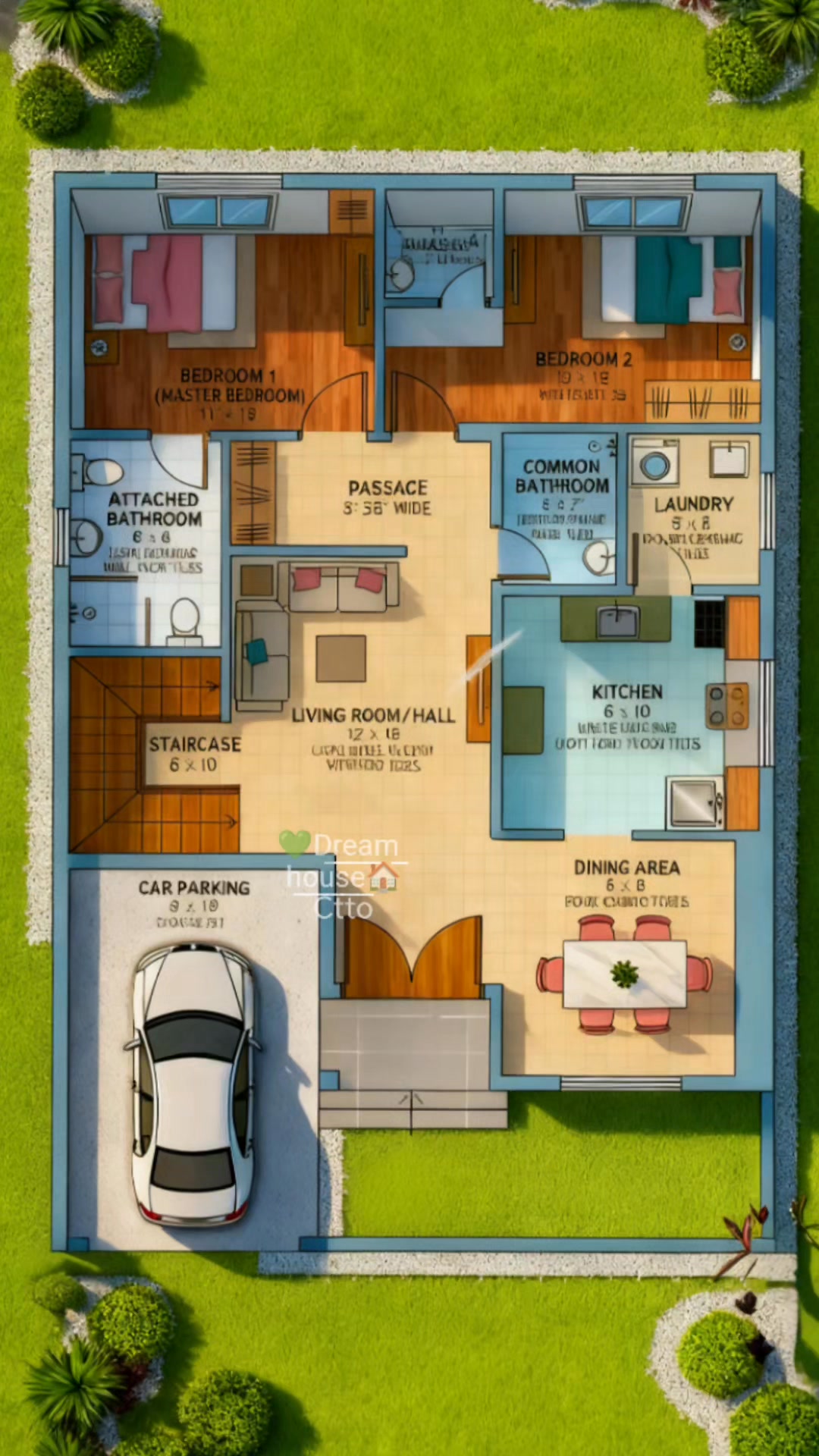 🌿 A simple and well-organized 2-bedroom house layout featuring a ...