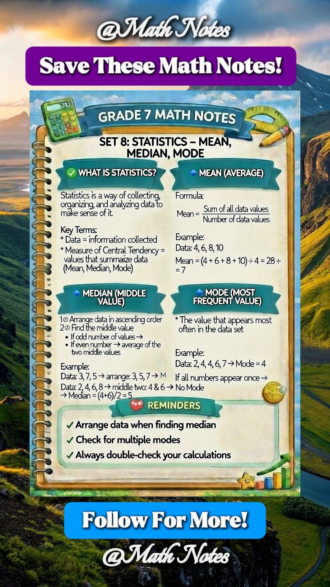 Grade 7 MEAN MEDIAN MODE RANGE Math Notes | Math Notes | Facebook