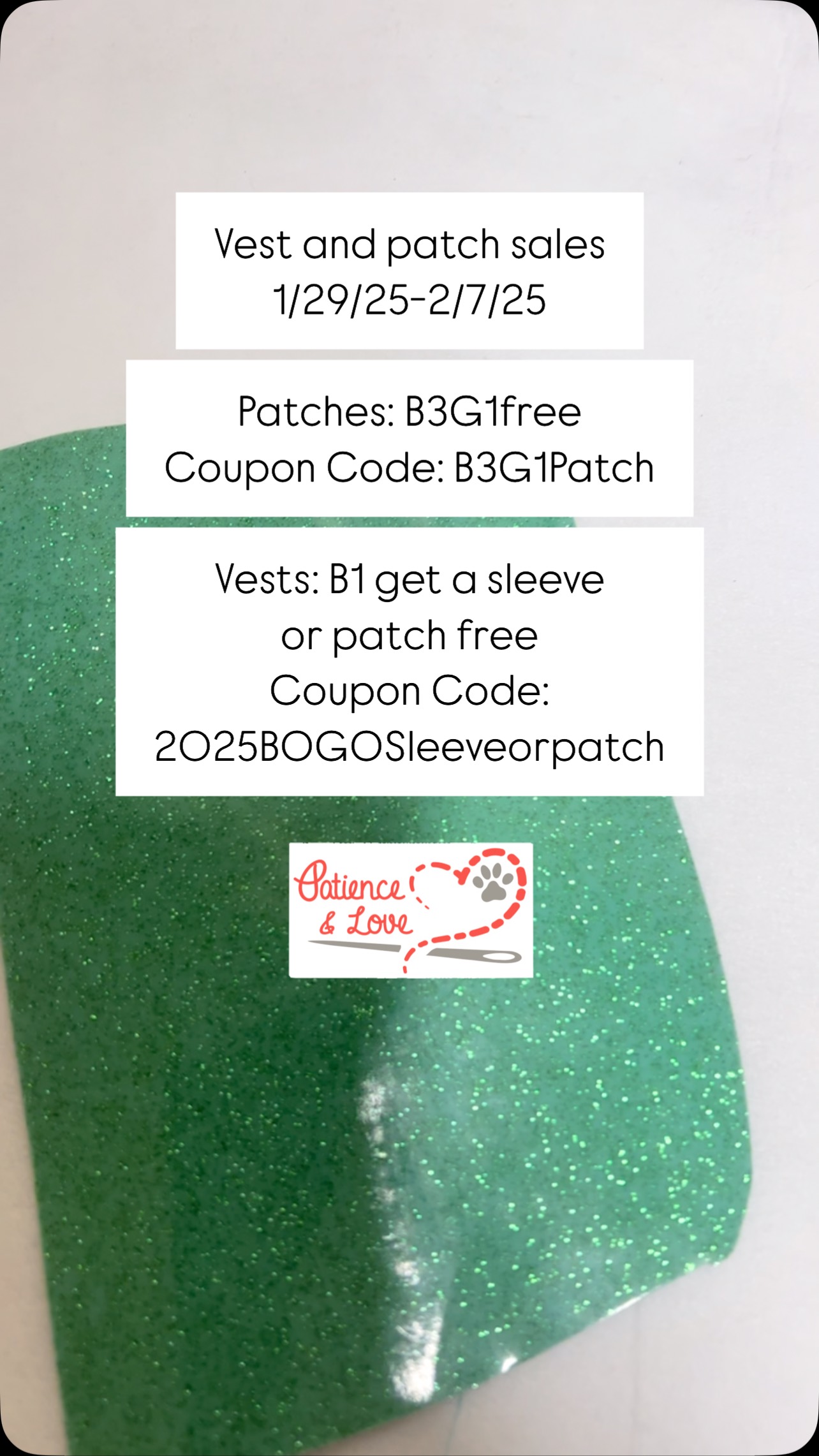 2 sales are live on my website. 1) Buy a vest and get a patch or sleeve ...