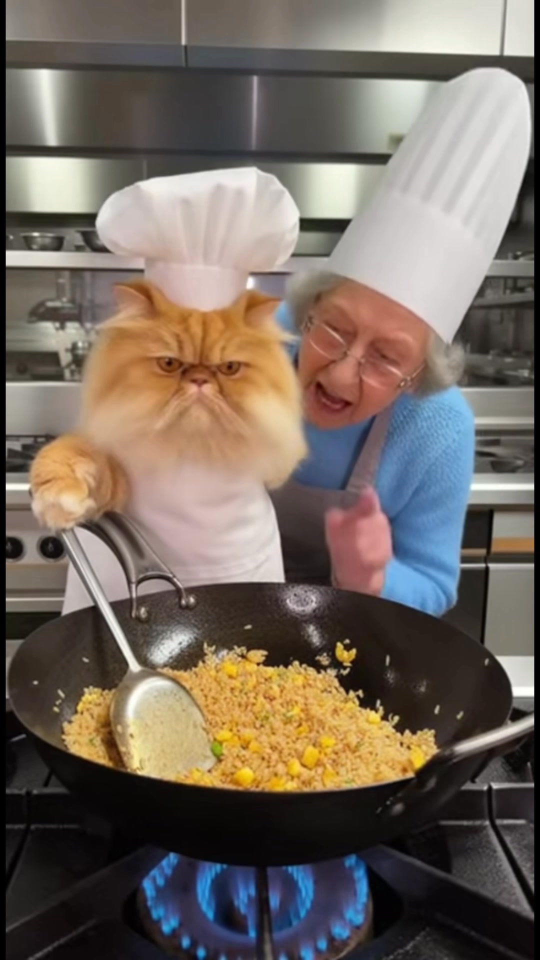 Grandma Edna and her Persian cat chef are cooking up some shrimp fried ...