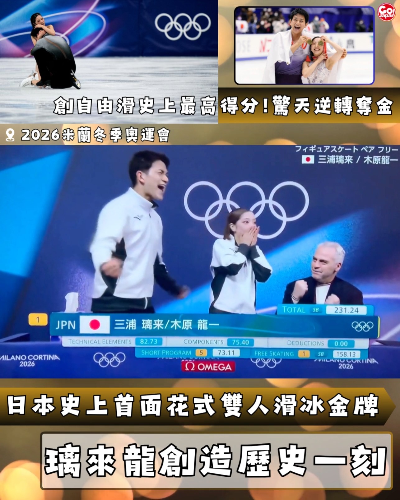 【日本新聞｜璃來龍驚天逆轉奪金・日本史上首面花式雙人滑冰金牌！！】 日本奪金希望「璃來龍」花式雙人滑冰組合三浦璃來和木原龍一，在花式滑冰雙人 ...