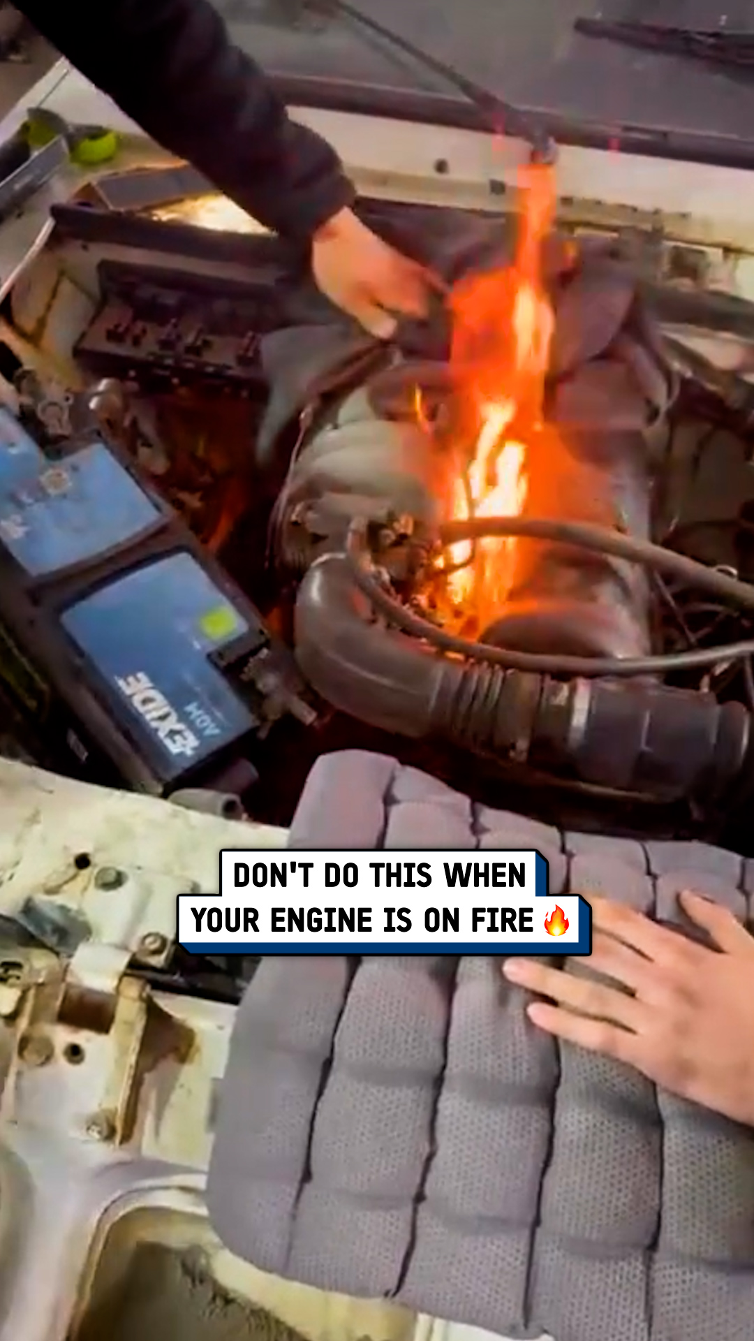 The wrong way to deal with an engine on fire 😱🔥 #mechanic #cars #fire # ...