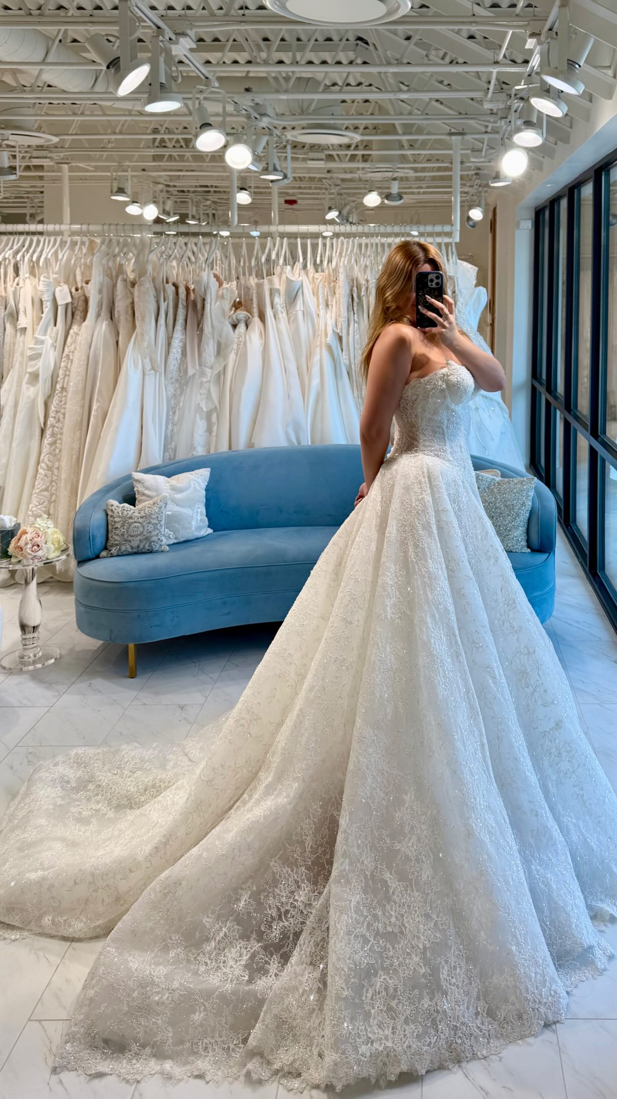 Still dreaming of Gela by Estee Couture 🌙☁️💫 , Featuring corded lace, bead embellishments, a waterfall waistline, and all the sparkles! ✨ , She’s only in-store for the rest of the week, so book your 