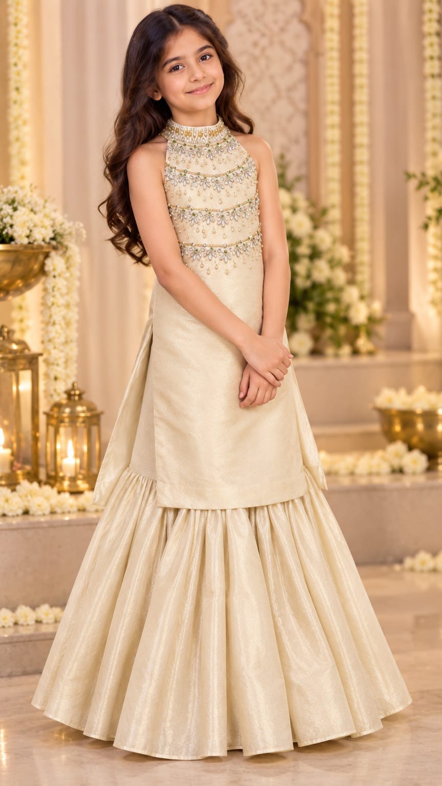 designer girls dresses Festive Fits Alert❤️, ., ., ., ., (Luxury kidswear, kids clothing, premium kids fashion, couture for kids, high-end kidswear, bespoke kids outfits, custom kidswear, made-to-order kids Size:EU36 catepr Ivory Chiffon Straps Long For baby girls Heavy Net With Less