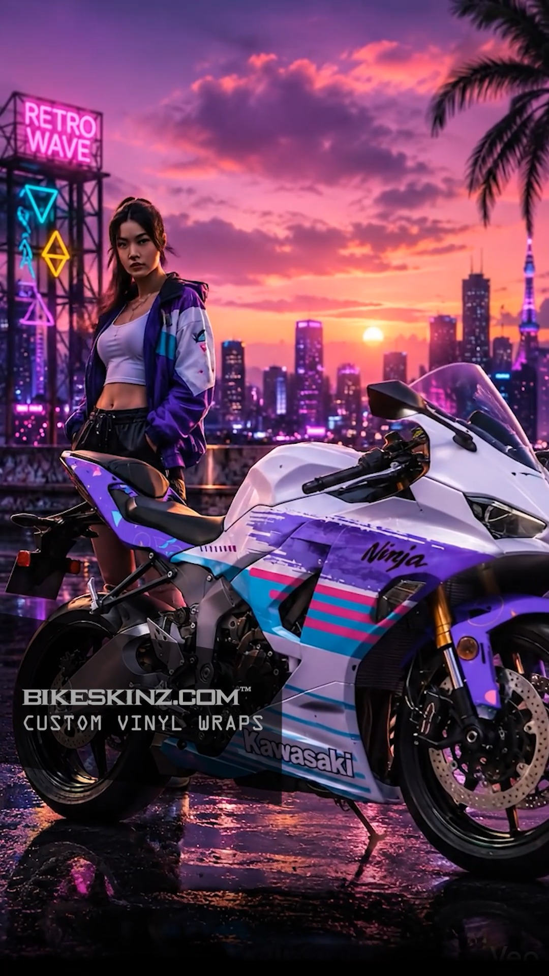 Neon skies, synthwave vibes, and a Kawasaki Ninja ZX6R dripping in