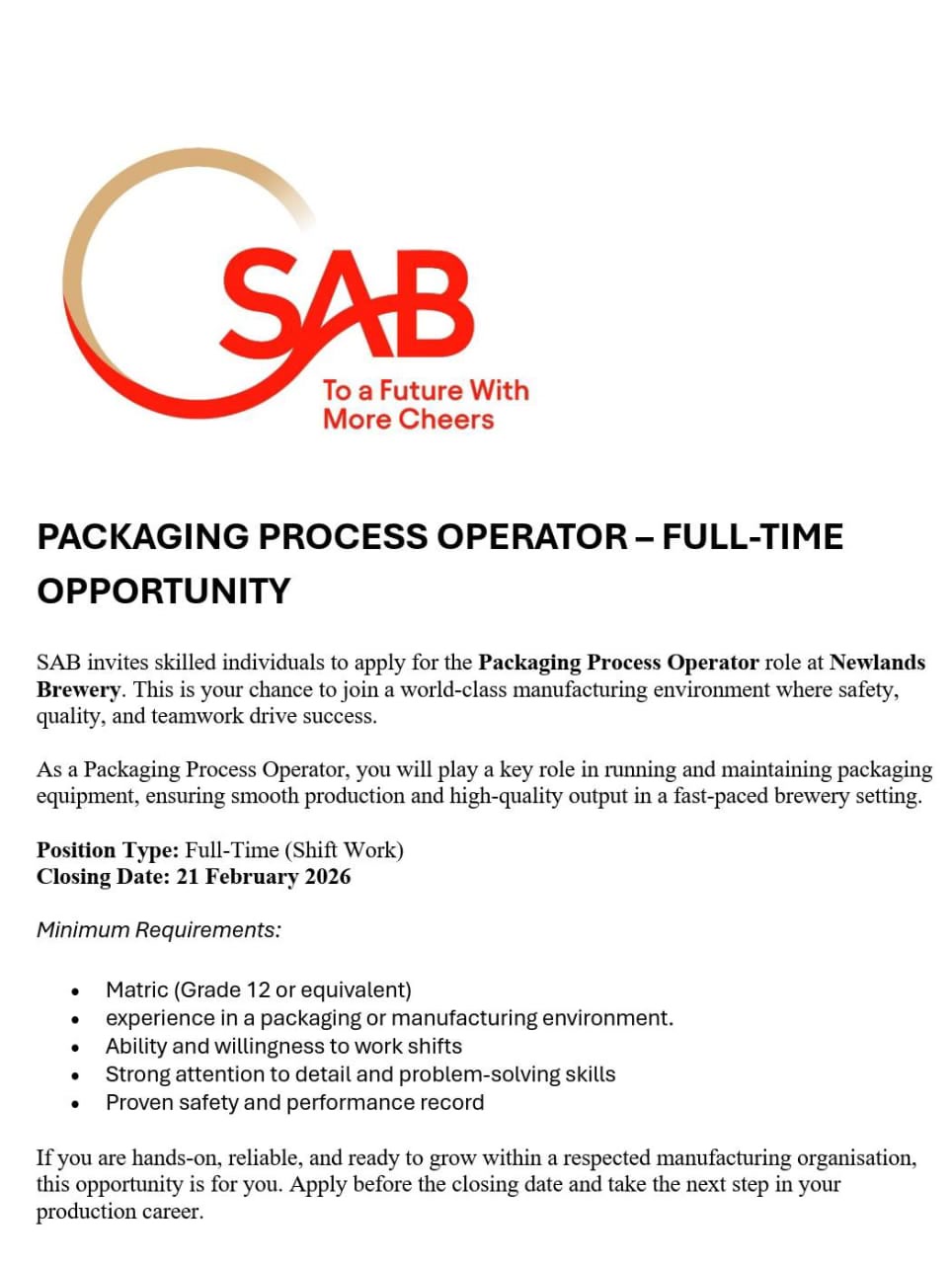 📌SAB- South African Breweries is hiring! Packaging Process Operators ...