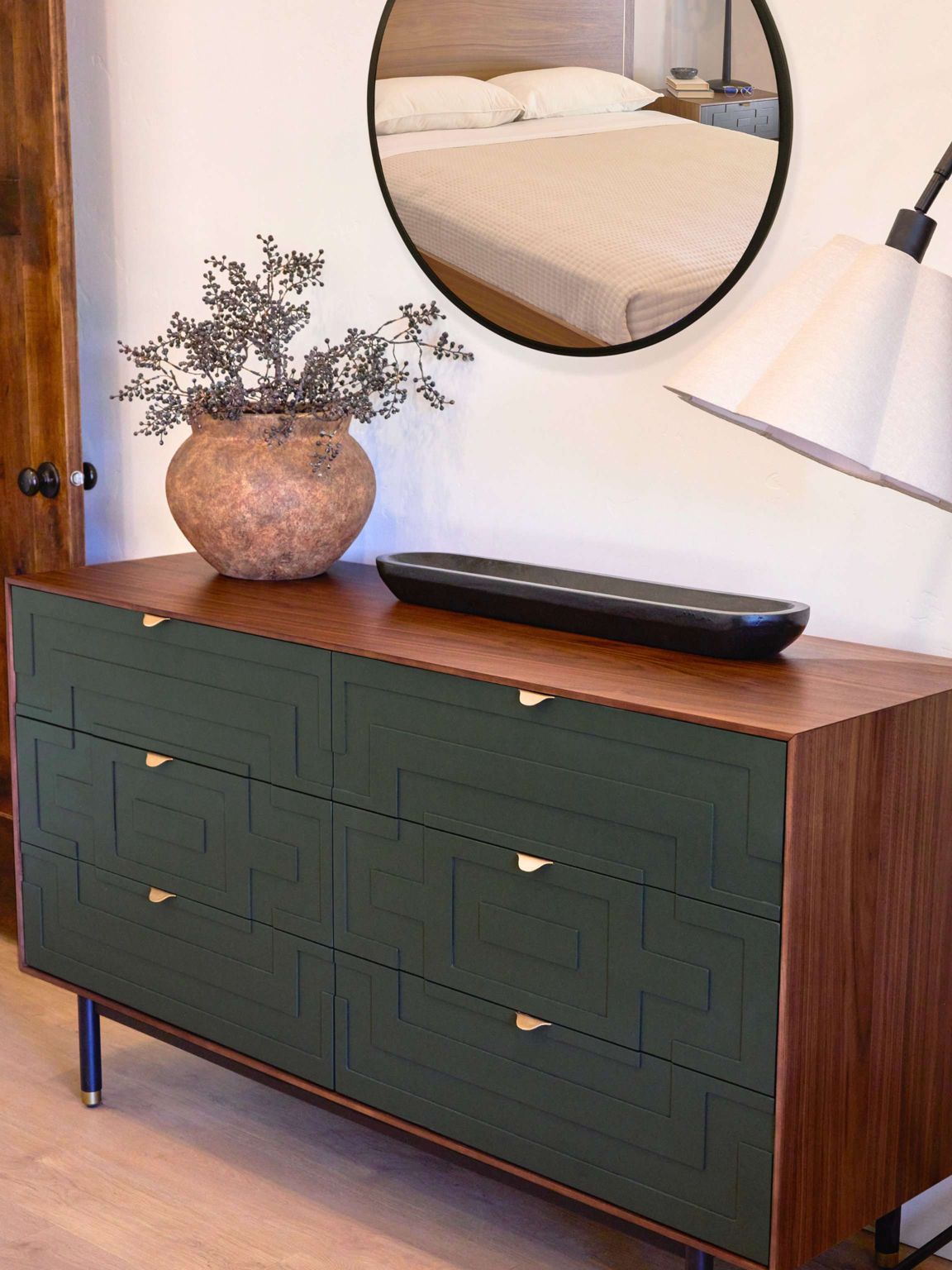 emerald green dresser with mirror Some furniture is made to blend in. The Jac Collection was made to stand out. Featuring a bed, nightstand, high chest and 6-drawer double dresser, each piece combines distinctive dark paneling emerald green and gold dresser