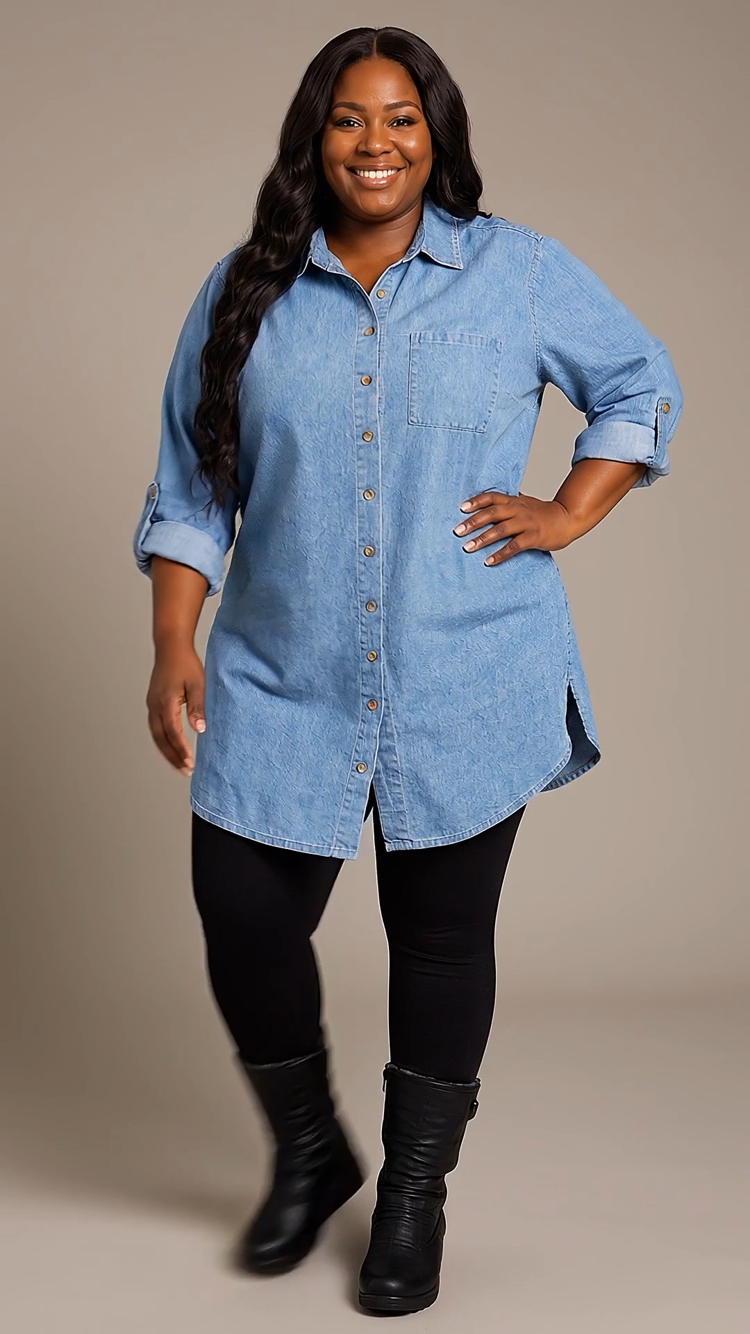 denim shirt dress and leggings 🤍 that does it all., Our Denim is one of those effortless wardrobe staples you can style your way — wear it with boots now, then switch things up as the seasons change., Black tights Universal Thread Black Denim winter outfits washed denim in a Color:Cream/black