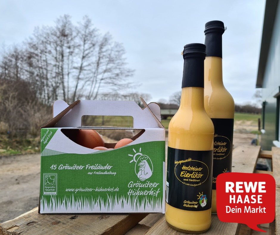 Osterzeit🐰 ist Eierlikörzeit🥚, Wir waren gestern beim Grömitzer Hühnerhof zu Besuch! Oliver Schuldt berichtet vom hausgemachten Eierlikör, den du neben den regionalen Eiern auch bei uns im REWE Haase