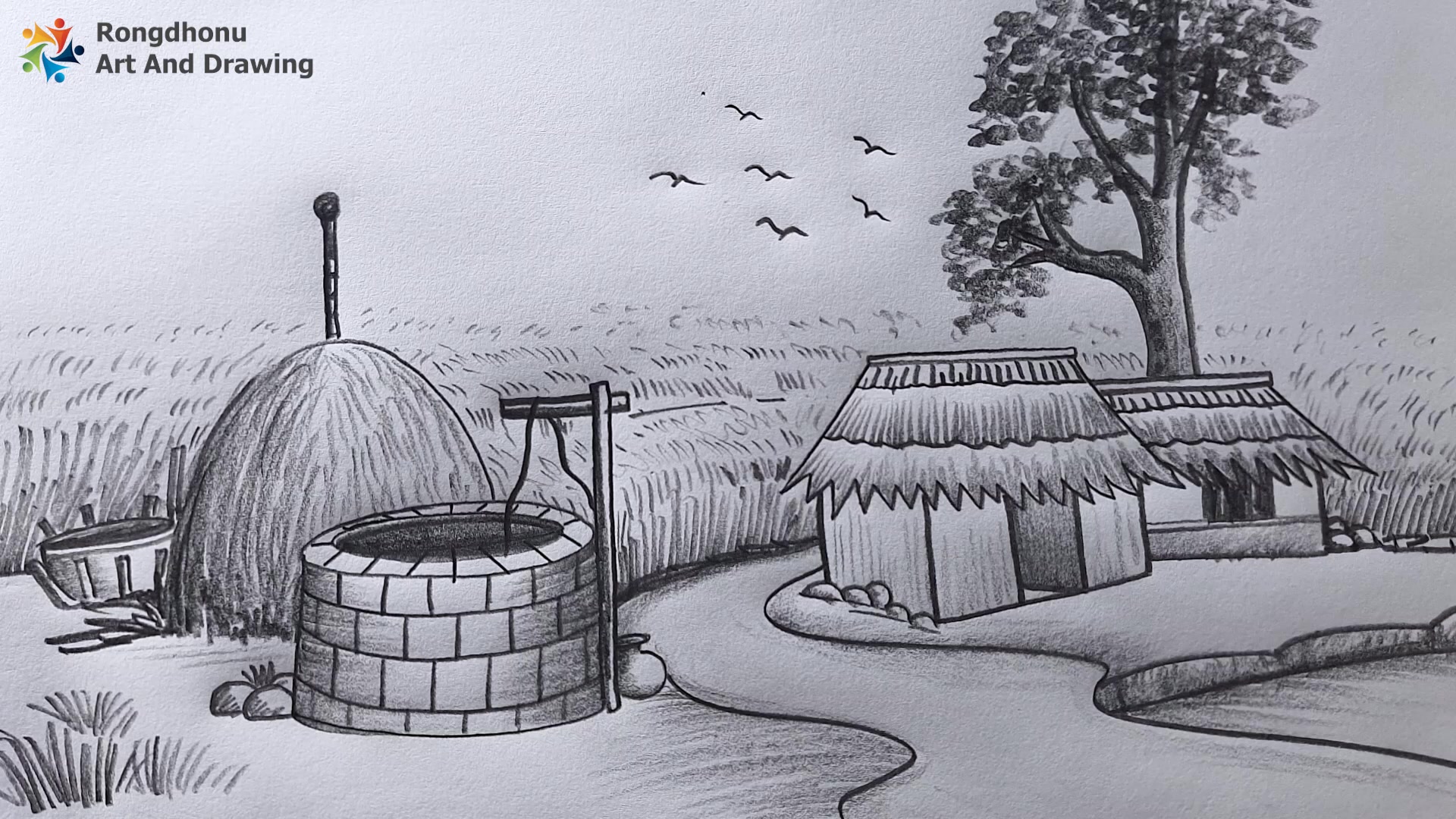 Easy Village Scenery Drawing Tutorial | Simple Rural Landscape Pencil ...
