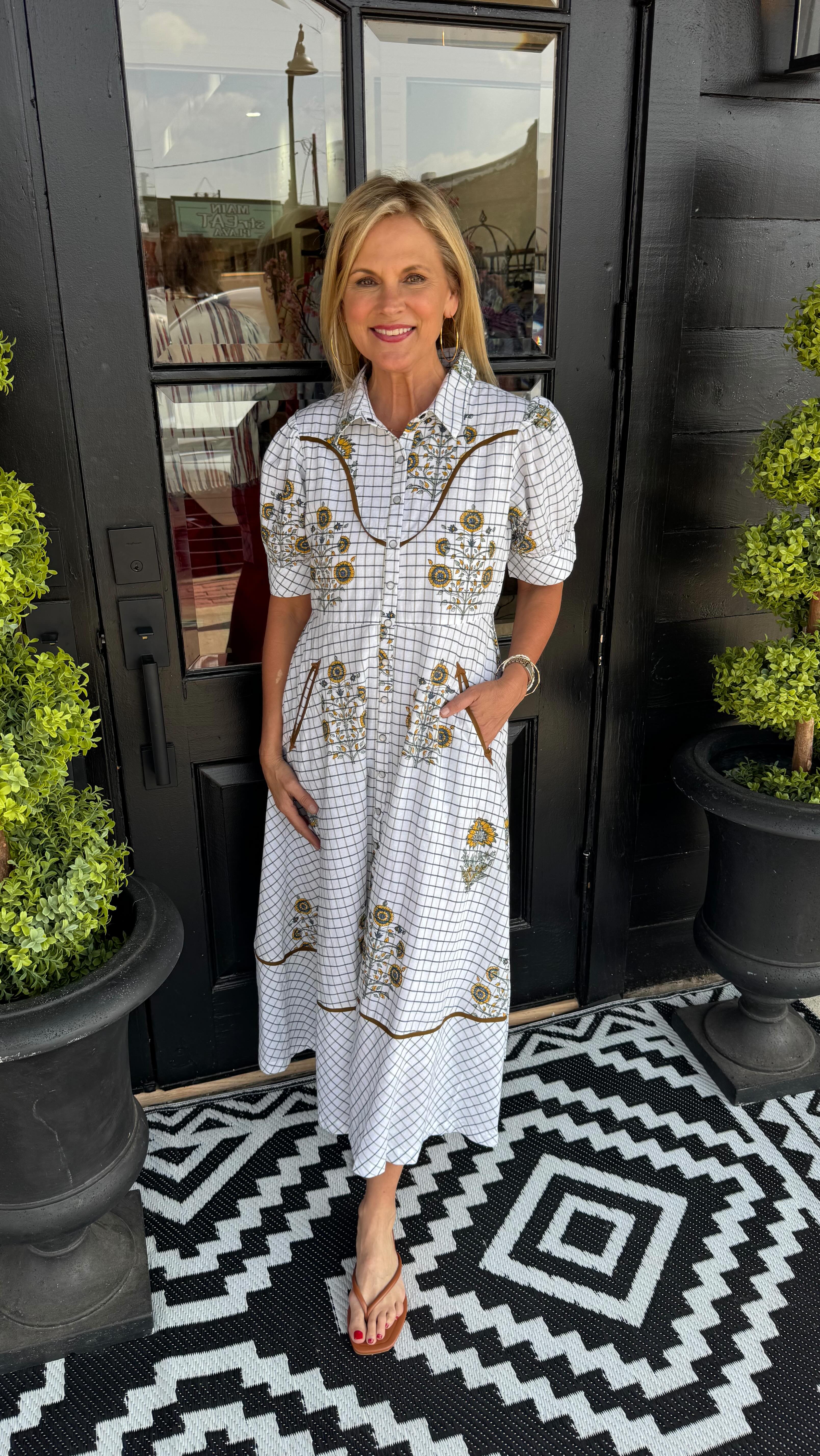 Meet the Uncle Frank Western Flair Dress 🤠✨, Serving cowboy charm with the cutest detailing from top to bottom! The stitching, the fit, the pattern
