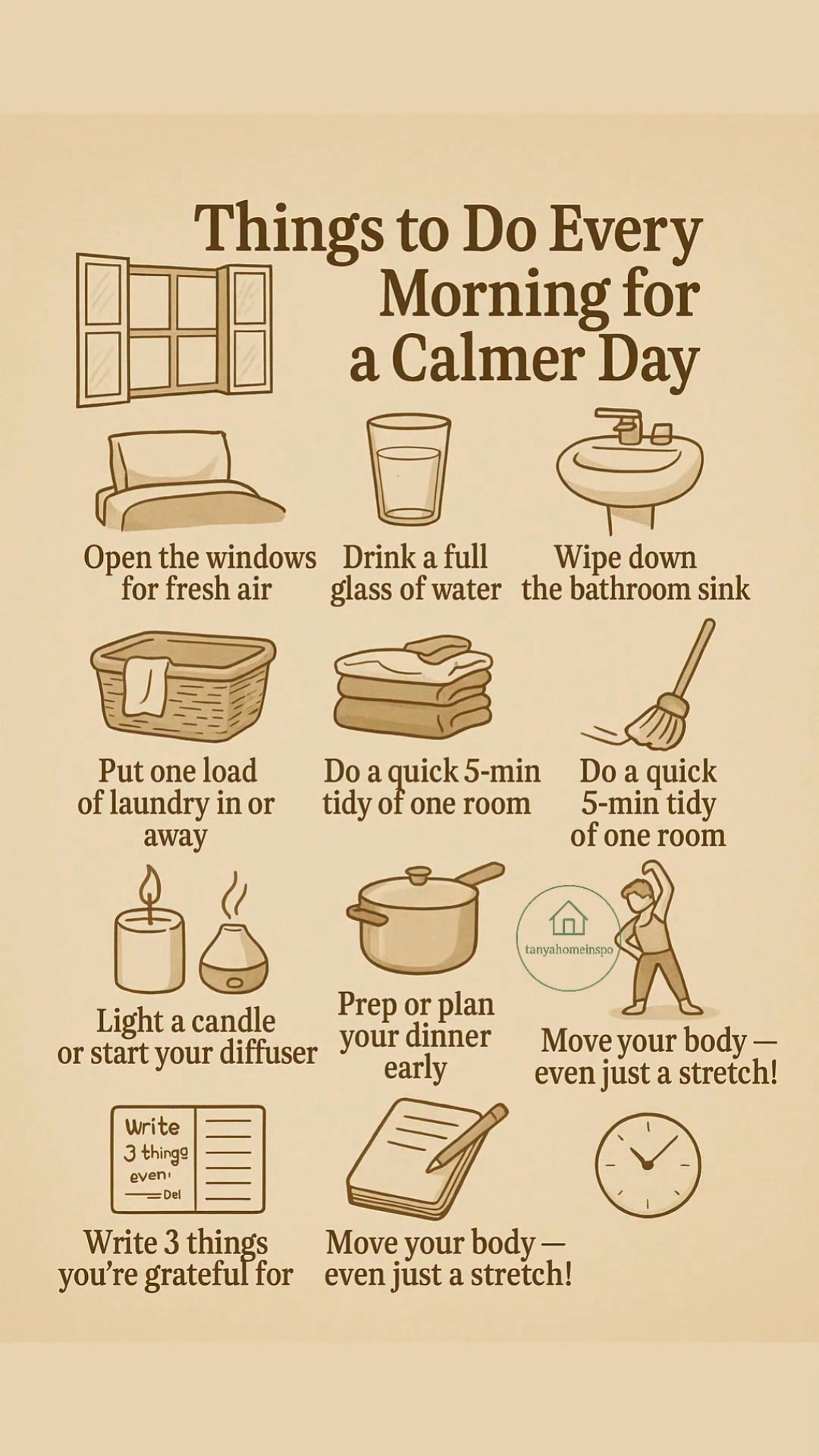 Things to do every morning for a calmer day | tanyahomeinspo | Facebook