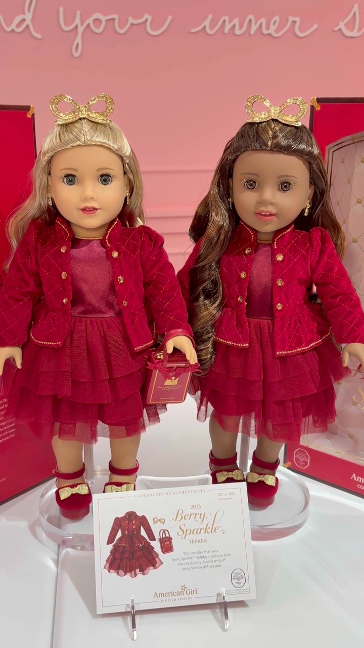 Holiday magic meets collector-worthy sparkle. ✨ Swarovski crystals bring the Berry Sparkle Holiday Collector dolls to life from head to toe. #AmericanGirl #AmericanGirlDoll #Collector #PleasantCompany 