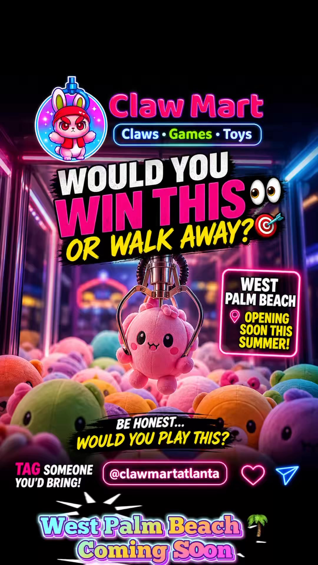 𝗪𝗢𝗨𝗟𝗗 𝗬𝗢𝗨 𝗪𝗜𝗡 𝗧𝗛𝗜𝗦 !👀🎯, Too easy… or pure luck? 👀, 📍 𝗪𝗲𝘀𝘁 𝗣𝗮𝗹𝗺 𝗕𝗲𝗮𝗰𝗵, Opening soon this summer, @clawmartatlanta, #ClawMart #westpalmbeach #wpb #clawmachine #arcade #thingstodowpb #palmbeachcounty 