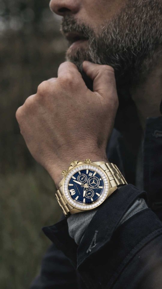 Golden sea‑sport attitude with bold blue depth. The TechnoMarine