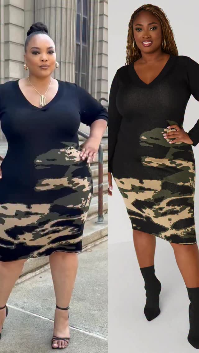 Cozy meets camo. 💚✨, The Camo Intarsia Sweater Dress takes a fall classic and adds an edge, bold camo print, curve-loving knit, and just the right amount of stretch to keep it chic and comfortable