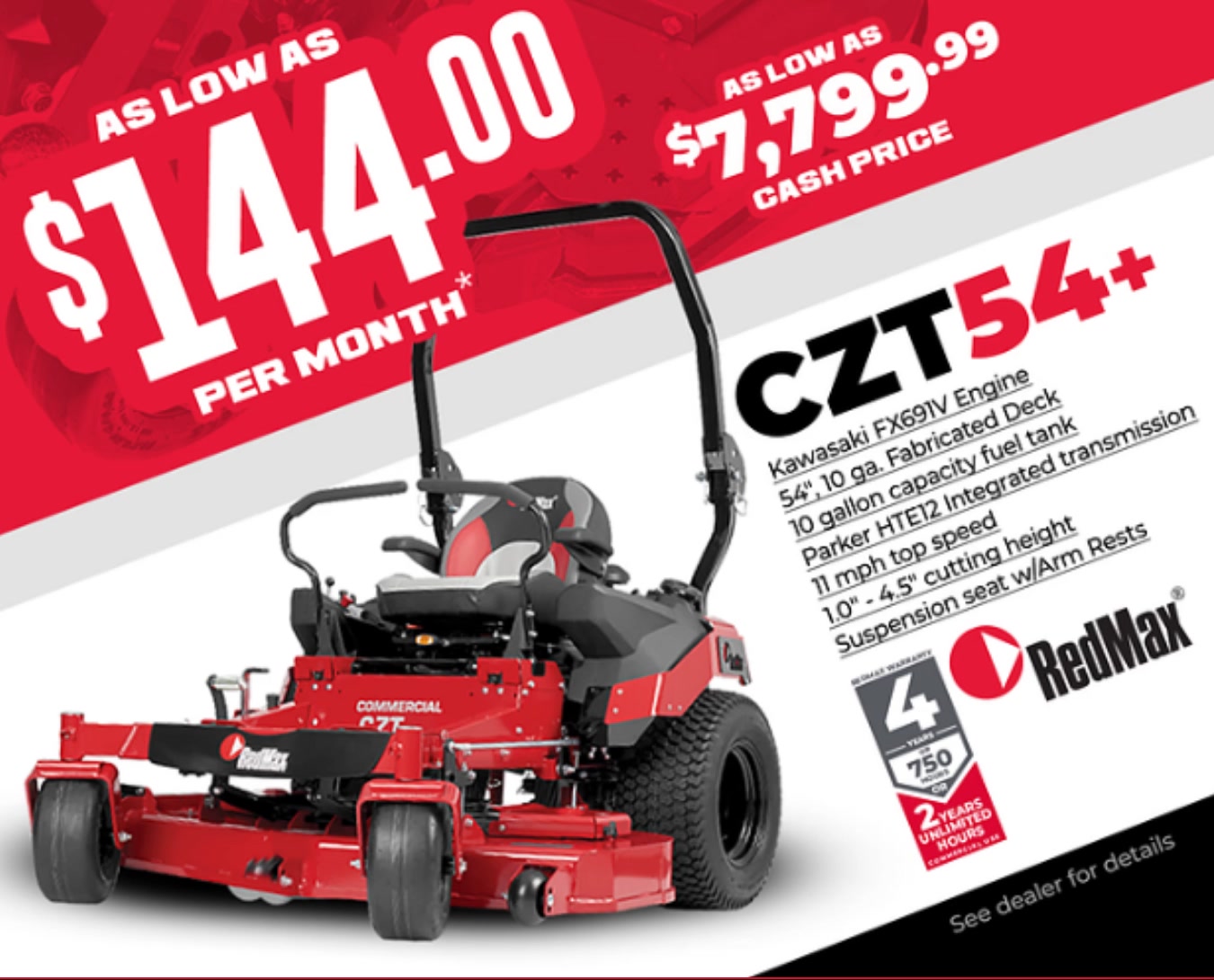 More commercial mower. Less monthly money. The RedMax® CZT54+ on