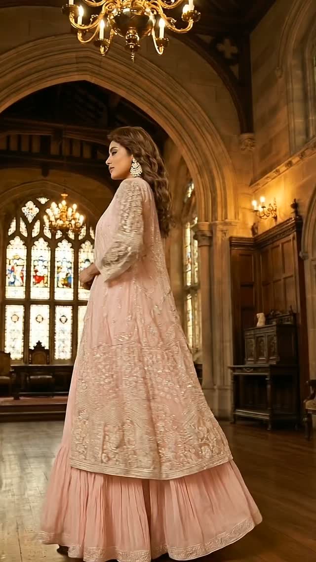 🌸 Blush Pink Designer Gown with Embroidered Jacket 🌸, Embrace timeless elegance with our stunning blush pink designer gown, beautifully paired with an intricately embroidered long jacket. Crafted from 