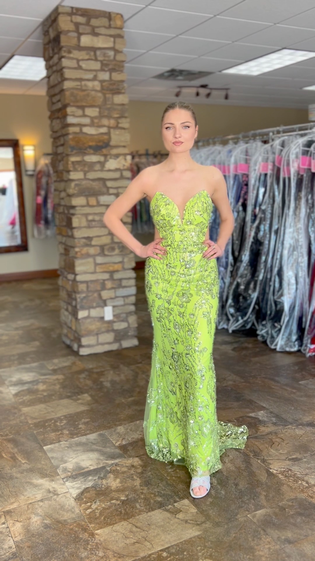 fluorescent green prom dress Let's take a moment for the most perfect neon we've ever seen💚 Shop this look in store now!✨ . . . #michellesformalwear #simplythebest #homecoming #prom #pageant #pageantdress #homecomingcourt #promdress #formalwear # color:Violet