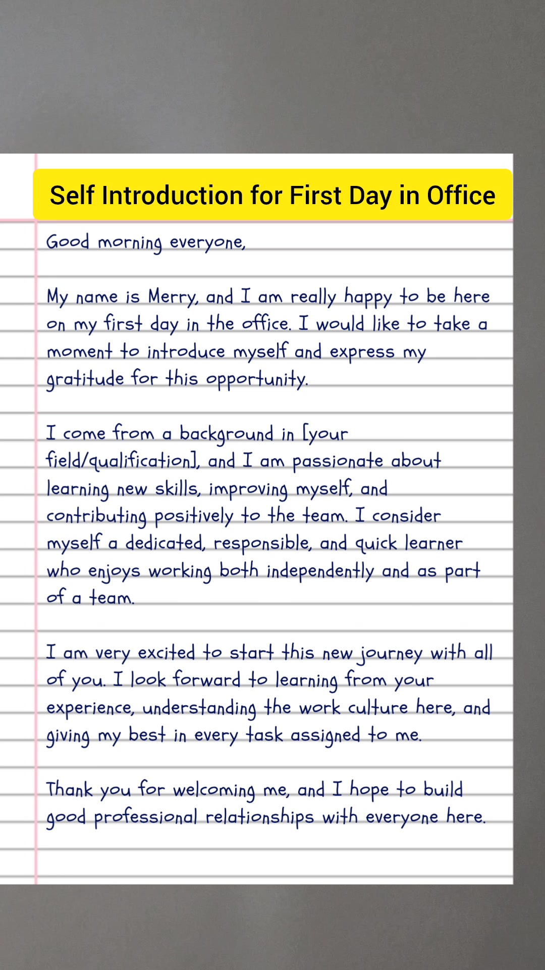 カール・アンドレ: Preface to My Work Itself Self Introduction for First Day in Office My name is XYZ, and I am