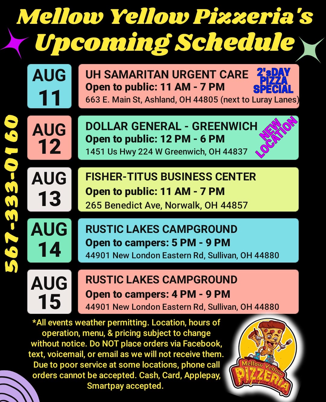 🍕 Mellow Yellow Pizzeria's Upcoming Schedule: AUG 11 - AUG 15