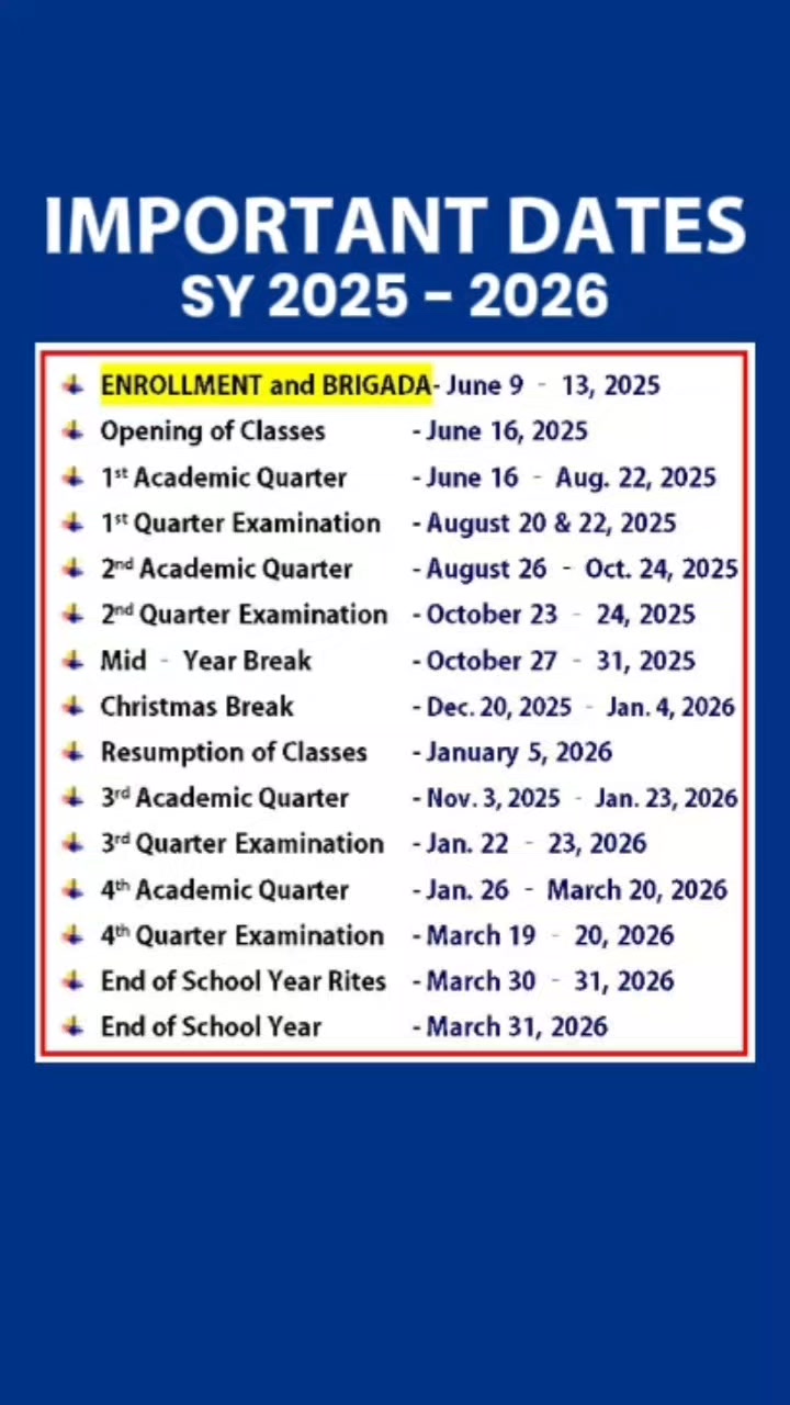 Important Dates | SY 2025 - 2026 Enrollment & Brigada (June 9 - 13 ...