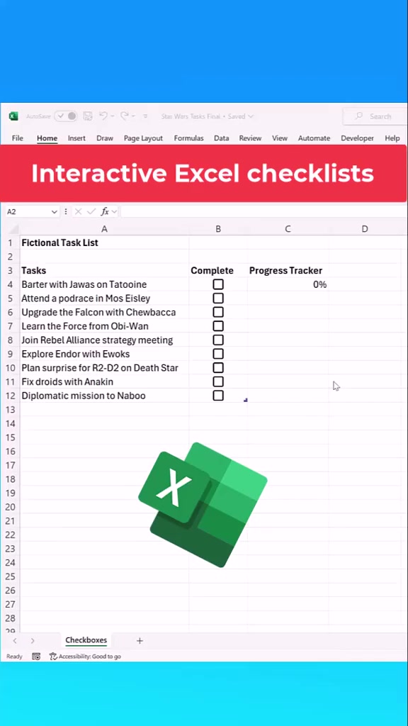How to insert checkboxes in Excel to make this Interactive Project ...
