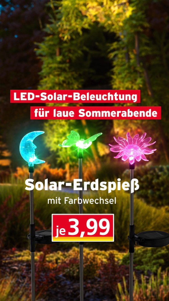 Mit der richtigen Beleuchtung 🔆 werden laue Sommerabende auf Balkon oder Terrasse schon fast zum Kurzurlaub! 🏖️, Unsere stilvollen Solar-Erdspieße mit Farbwechsel-LED 🎊 und verschiedenen Motiven
