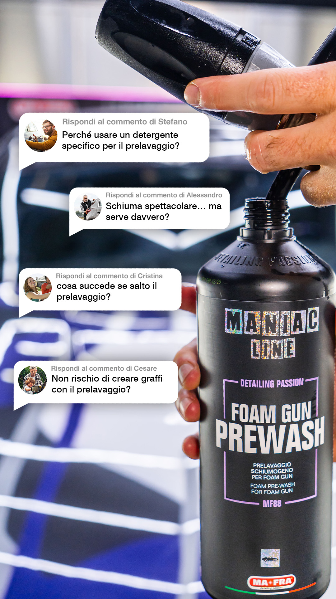 Maniac Line Prelavaggio Schiumogeno Per Foam Gun - Detergente Auto Enzimatico 1000ml, Pulisce E Protegge